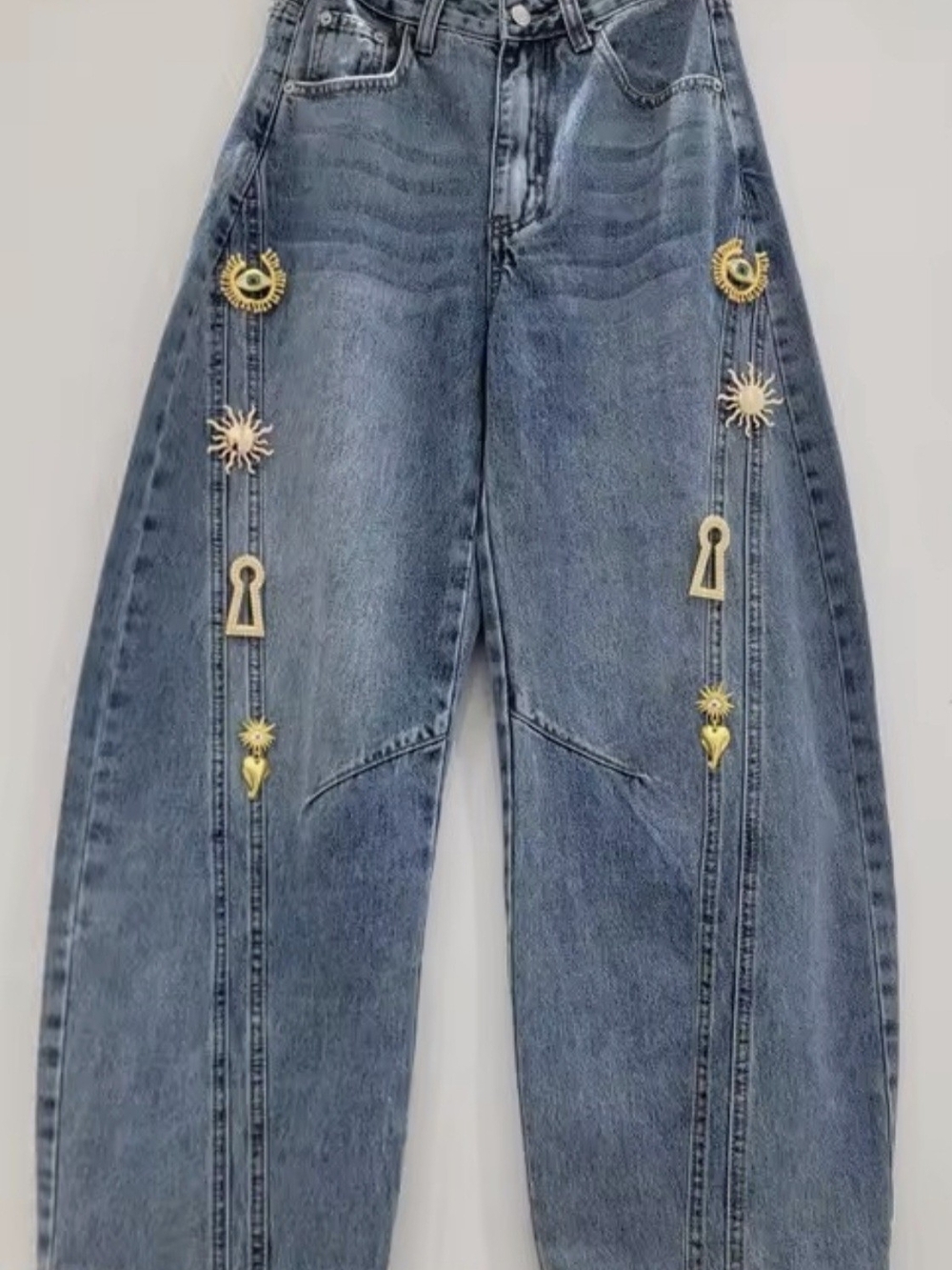 Schiaparelli Inspired Relaxed Barrel Jeans with Gold Charm Accents - Blue